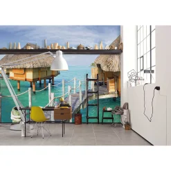 Fototapete Vlies Tahiti Meer Bungalows blau grün