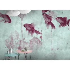 Fototapete Vlies Teich Fische Natur blau rot Premium