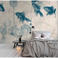 Fototapete Vlies Teich Fische Natur beige blau Premium