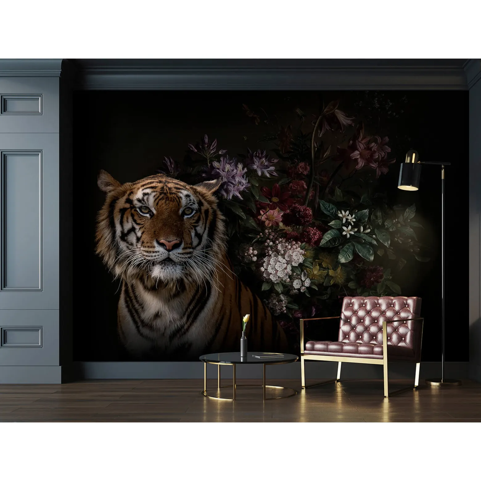 Fototapete Vlies Tiger Blumen orange schwarz Premium
