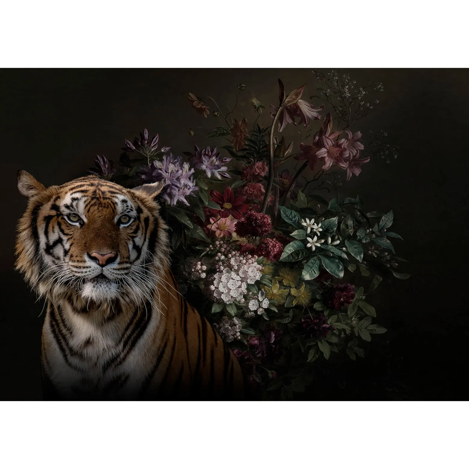 Fototapete Vlies Tiger Blumen orange schwarz Premium