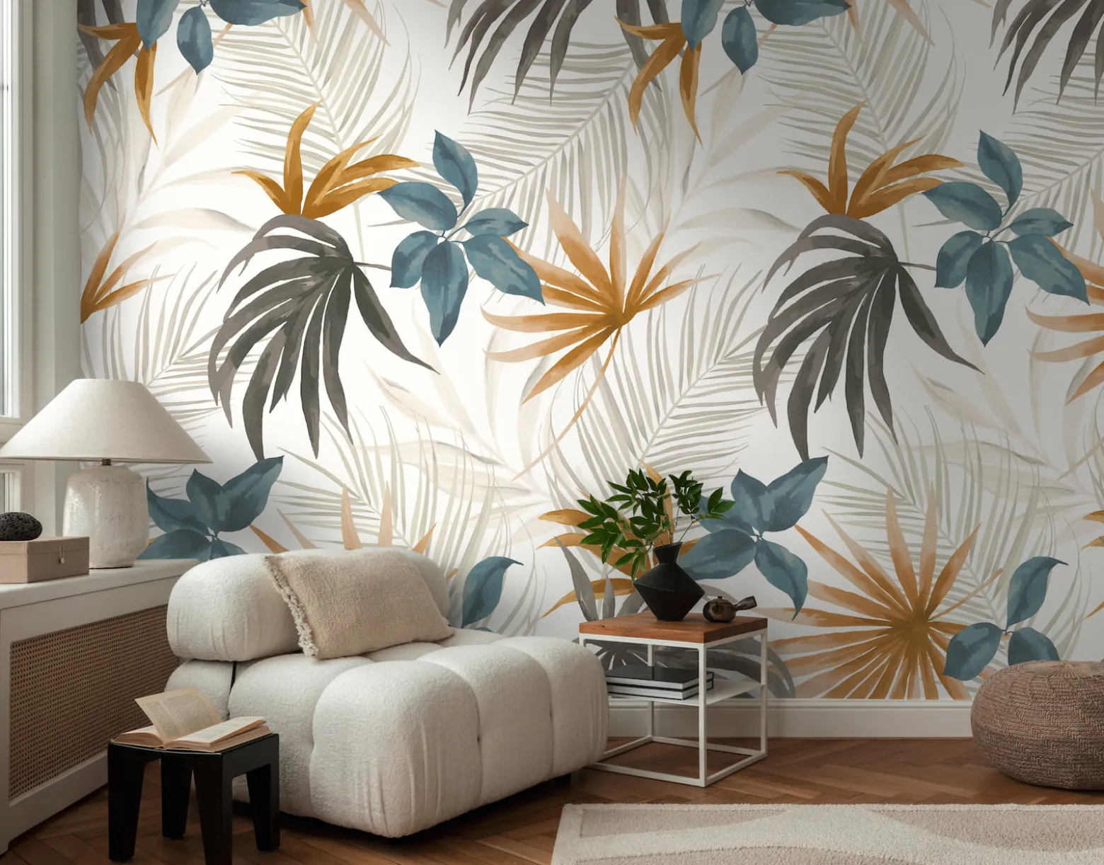 Fototapete Vlies Tropisch Blätter Weiß Beige 79145-1