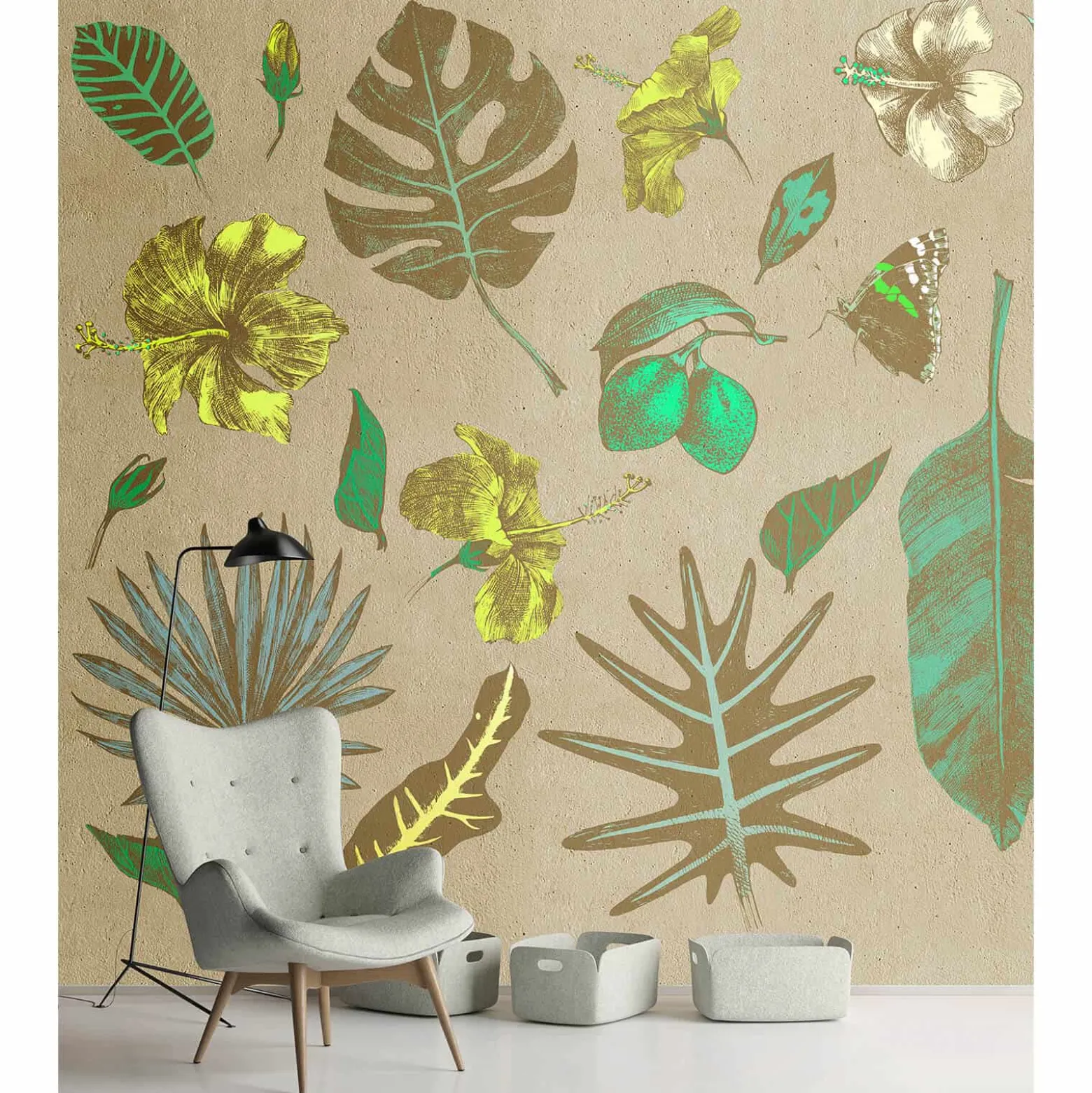 Fototapete Vlies Tropisch Flamingo beige grün Premium