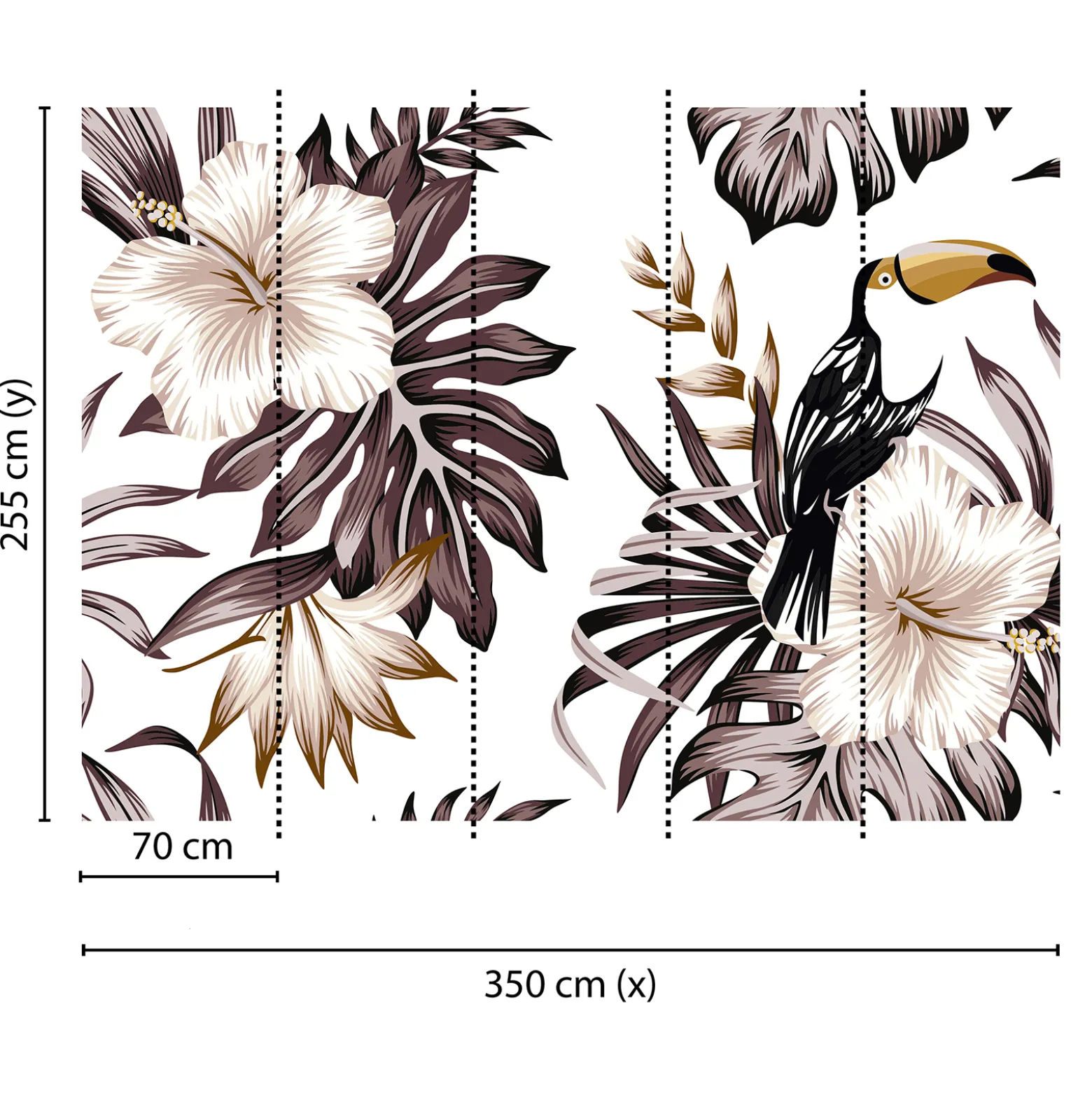 Fototapete Vlies Tukan Blumen Blätter braun creme weiß