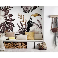 Fototapete Vlies Tukan Blumen Blätter braun creme weiß