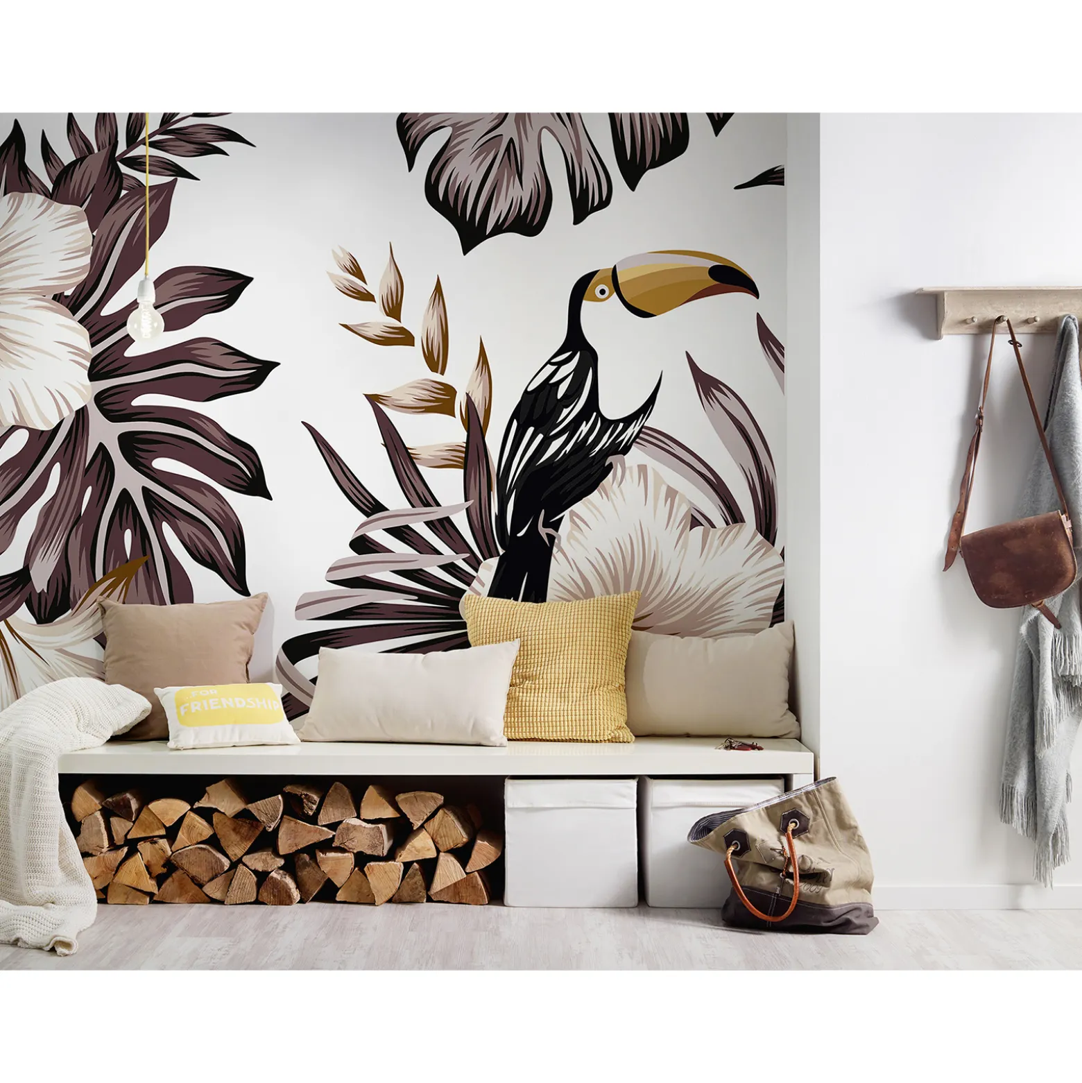Fototapete Vlies Tukan Blumen Blätter braun creme weiß