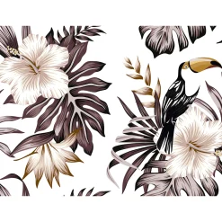 Fototapete Vlies Tukan Blumen Blätter braun creme weiß