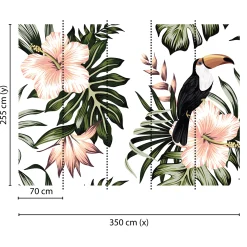 Fototapete Vlies Tukan Blumen Blätter grün rosa weiß
