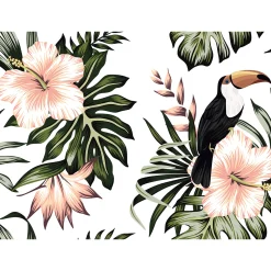 Fototapete Vlies Tukan Blumen Blätter grün rosa weiß