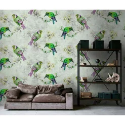 Fototapete Vlies Vögel Aquarell grau grün Premium