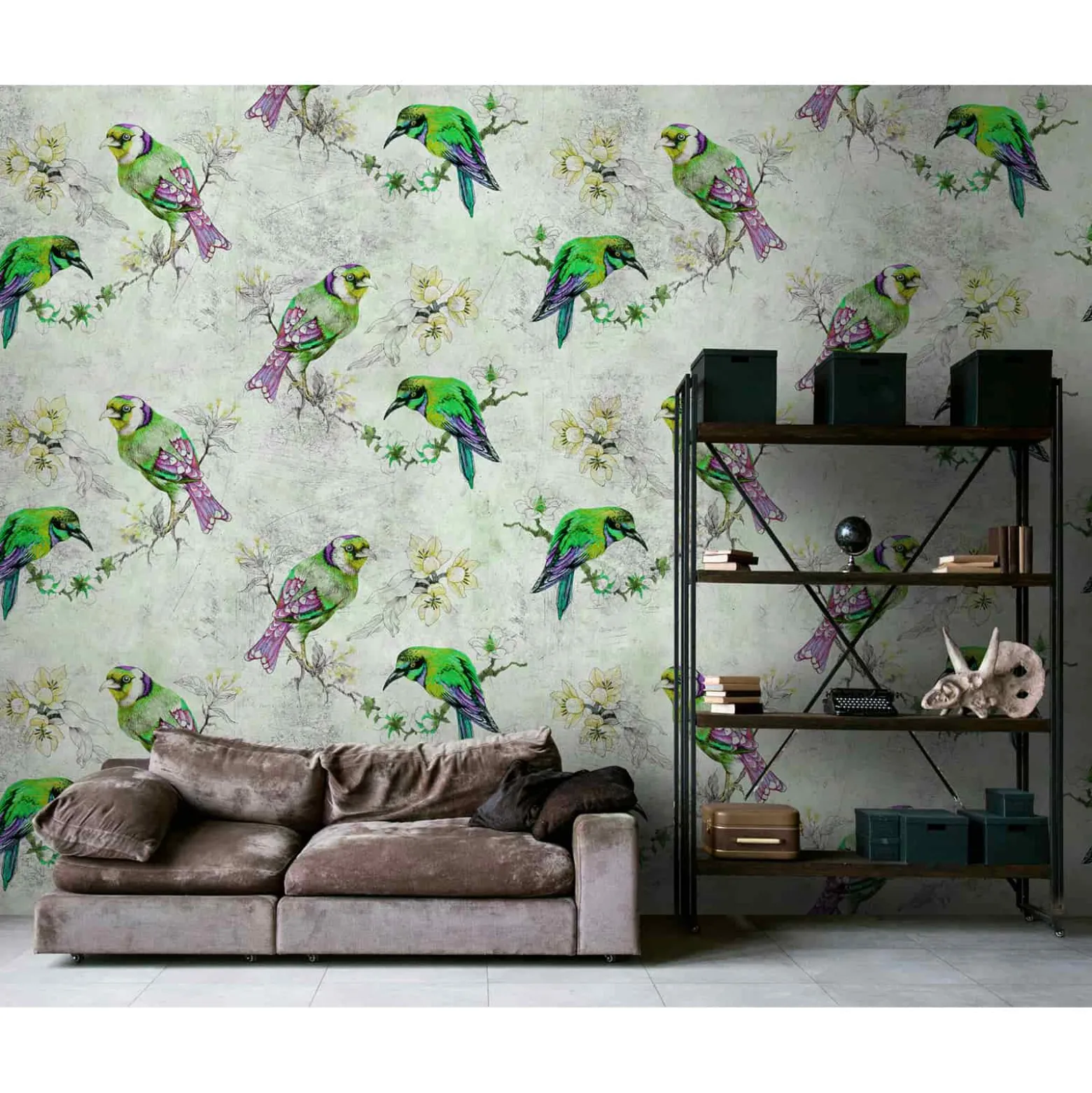 Fototapete Vlies Vögel Aquarell grau grün Premium