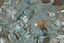 Fototapete Vlies Vögel Blätter grau-blau braun