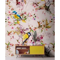 Fototapete Vlies Vögel Blumen Floral creme gelb Premium