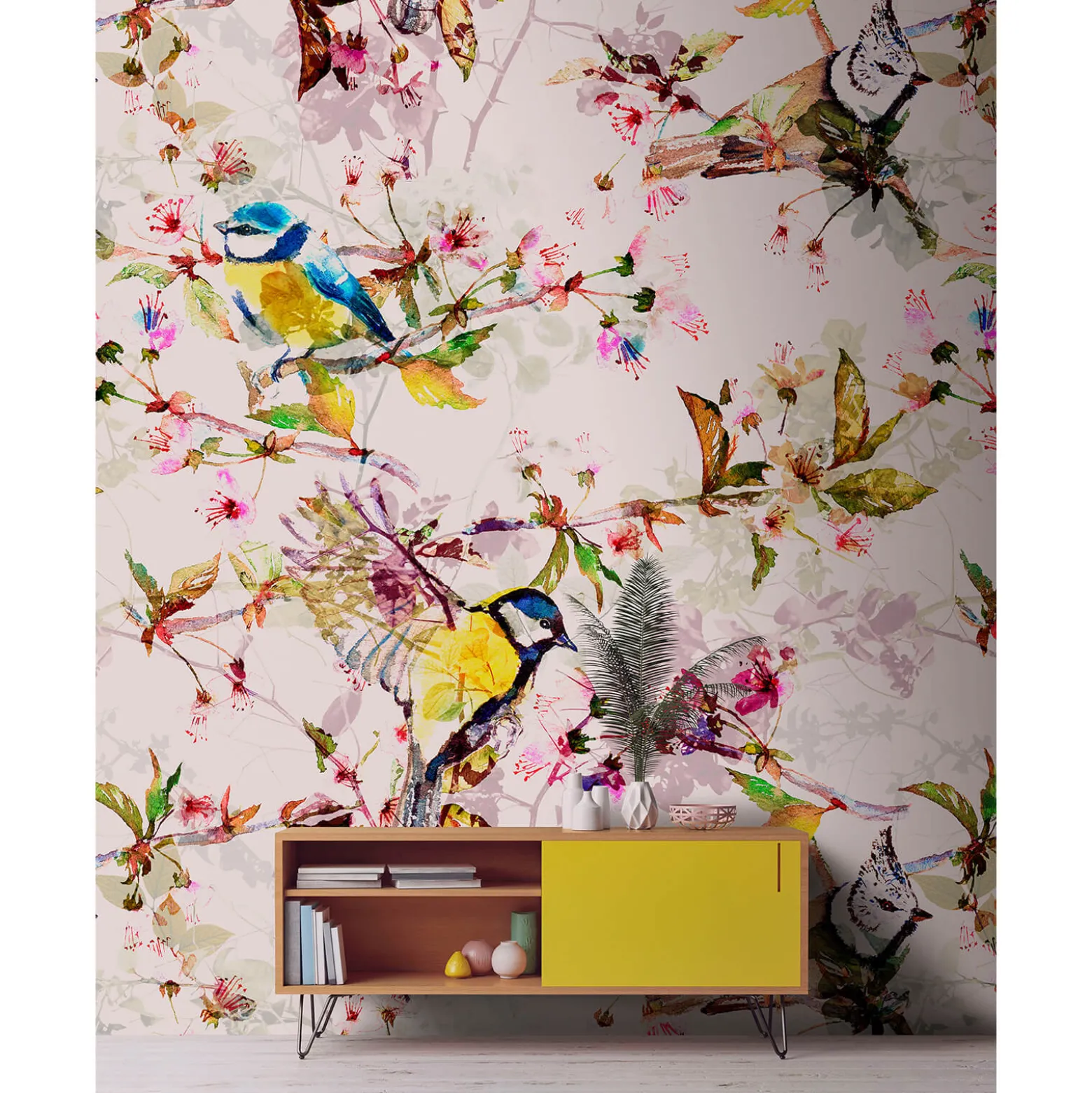 Fototapete Vlies Vögel Blumen Floral creme gelb Premium
