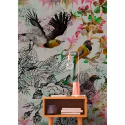 Fototapete Vlies Vögel Blumen Floral Neon grau pink grün