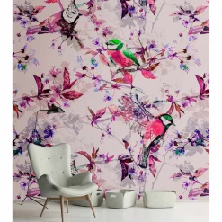 Fototapete Vlies Vögel Blumen Floral grau pink Premium