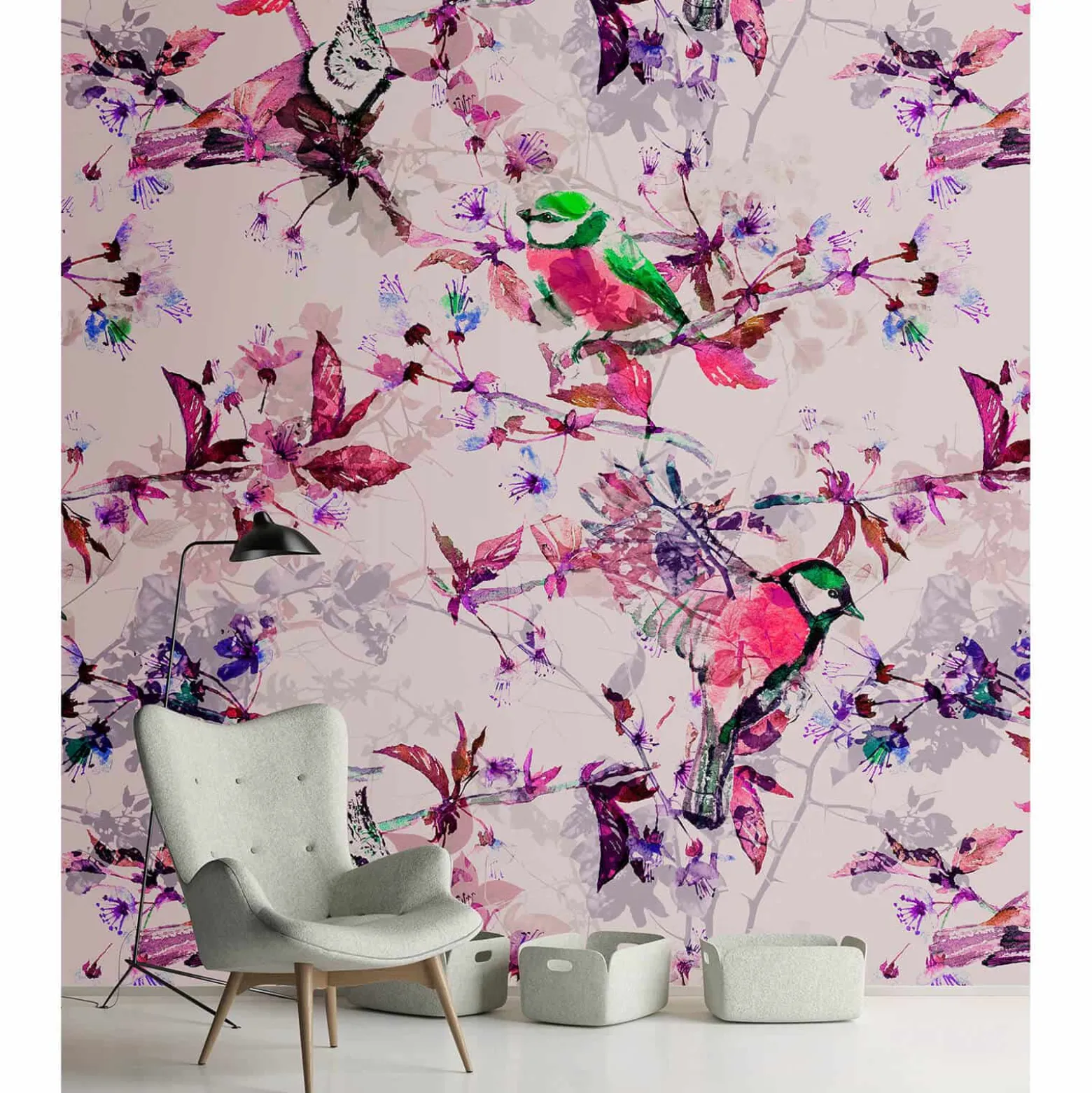 Fototapete Vlies Vögel Blumen Floral grau pink Premium