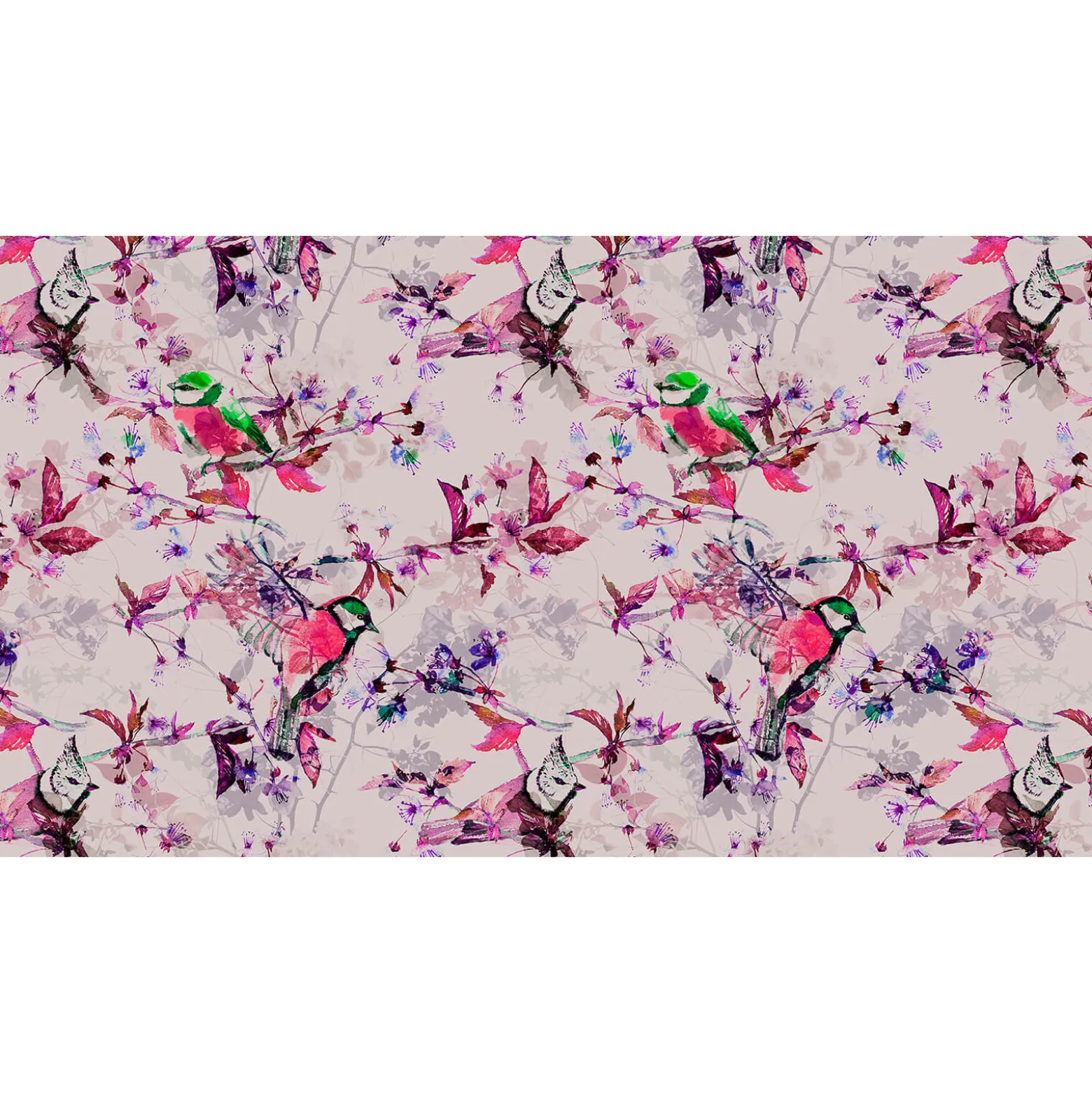 Fototapete Vlies Vögel Blumen Floral grau pink Premium