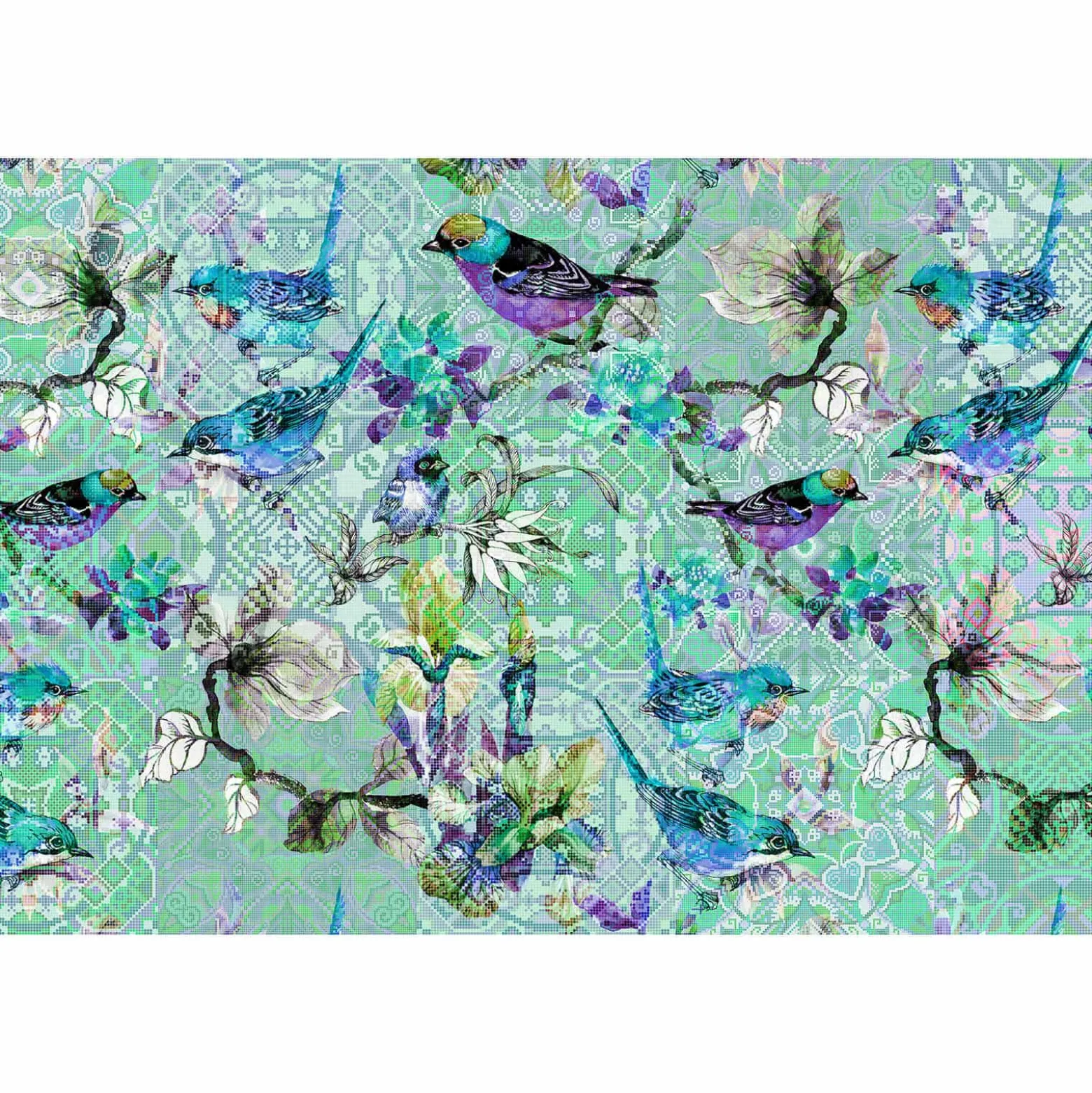 Fototapete Vlies Vögel Mosaik Floral Neon blau bunt
