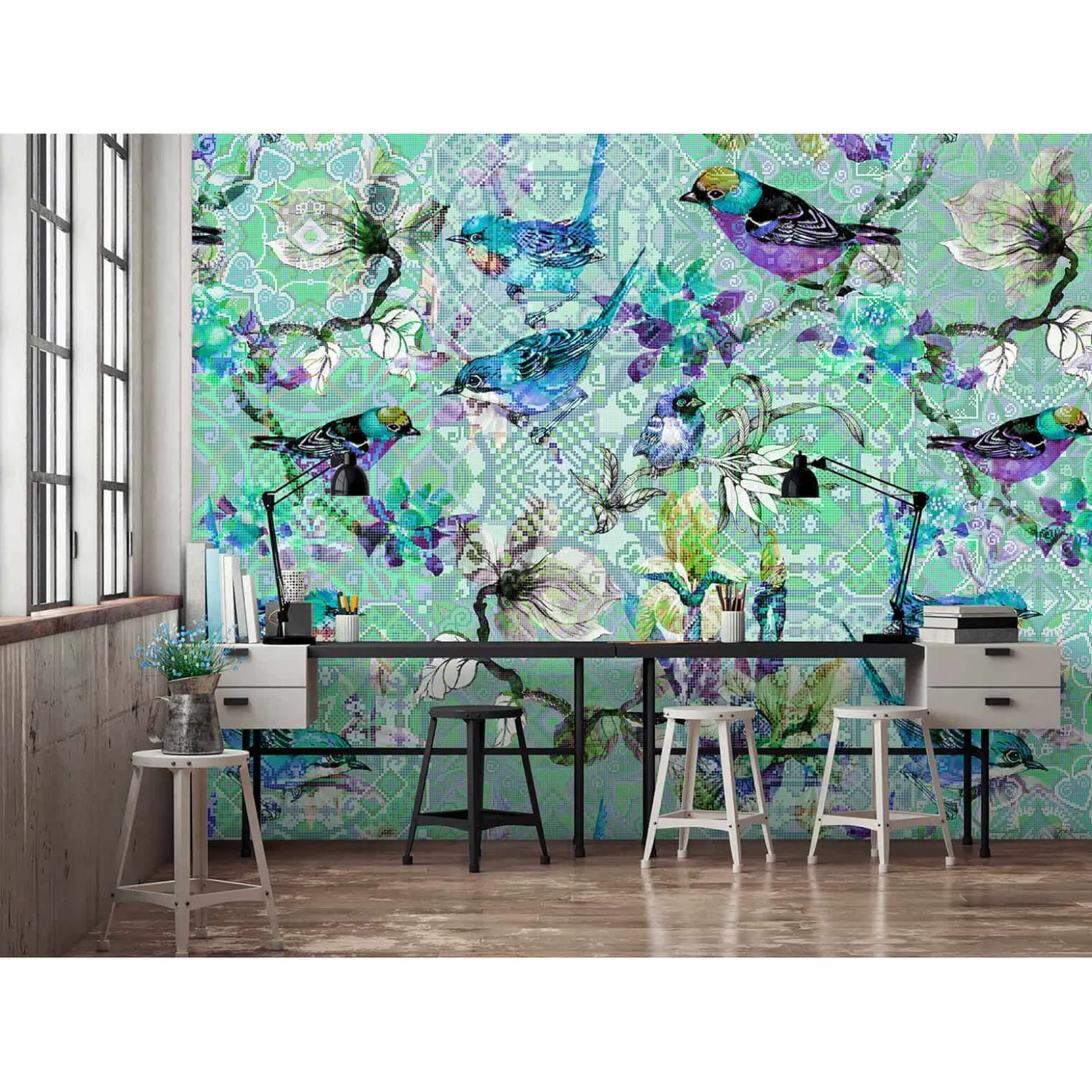 Fototapete Vlies Vögel Mosaik Floral Neon blau bunt