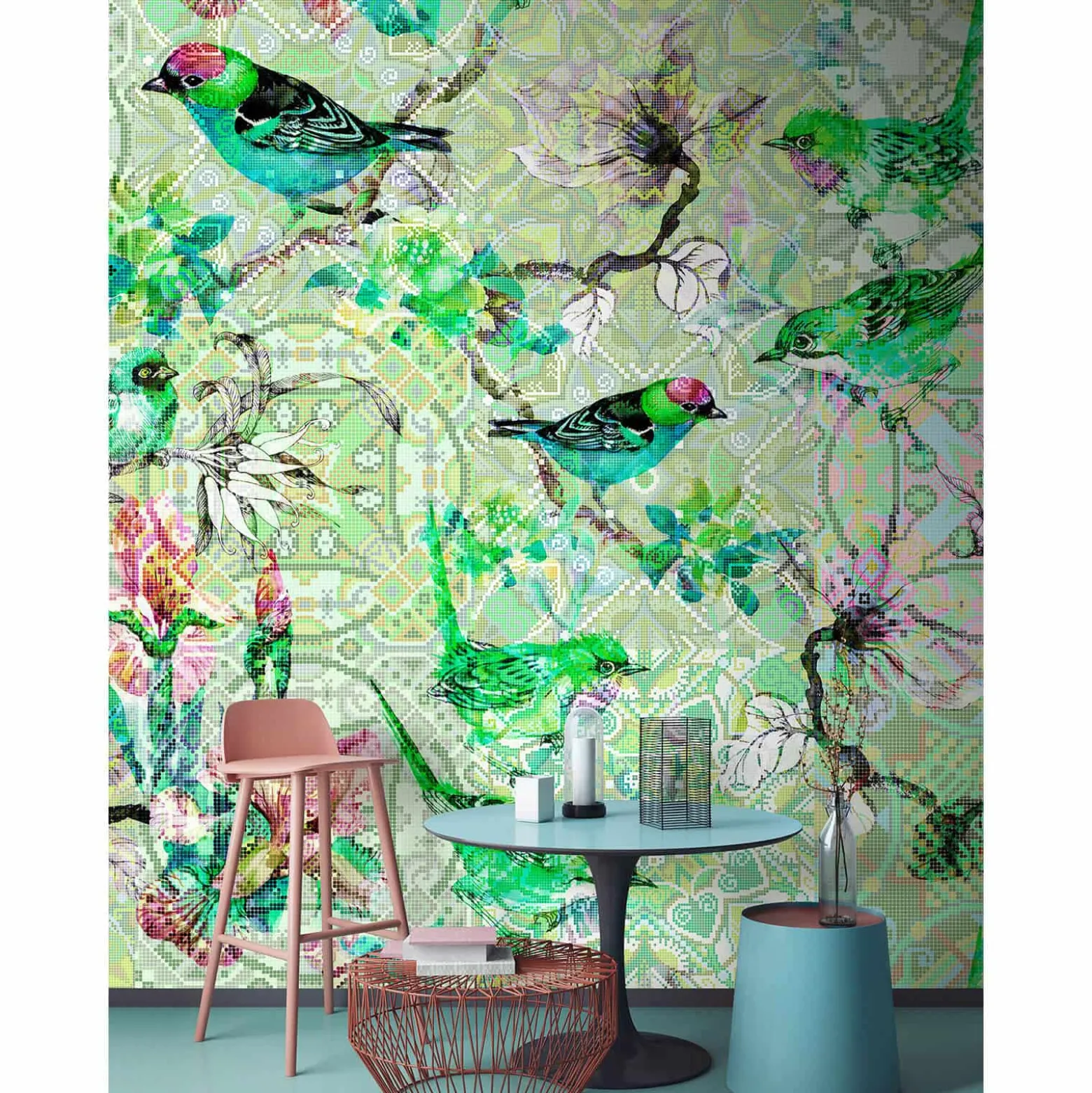 Fototapete Vlies Vögel Mosaik Floral Neon grün bunt