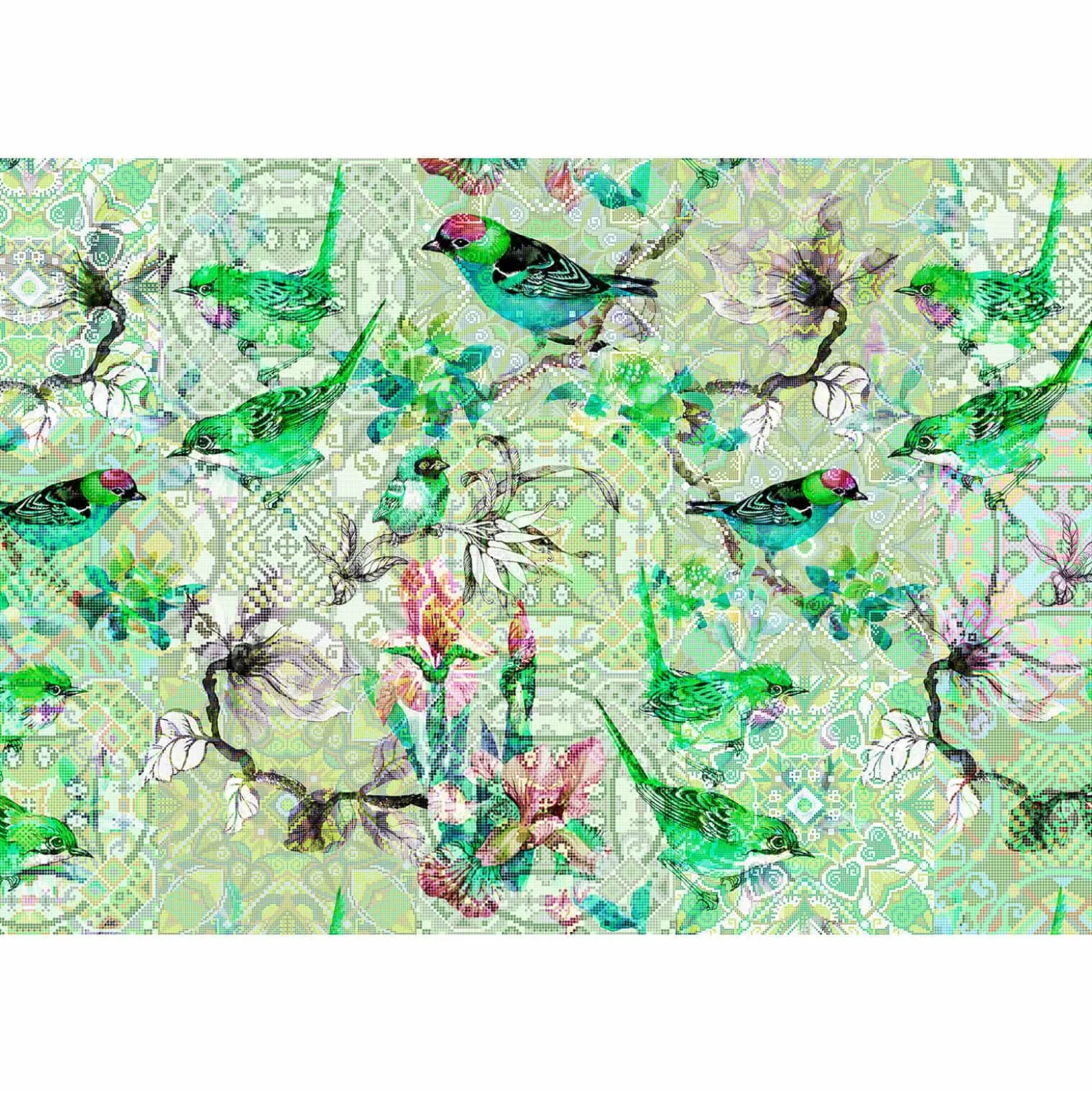 Fototapete Vlies Vögel Mosaik Floral Neon grün bunt