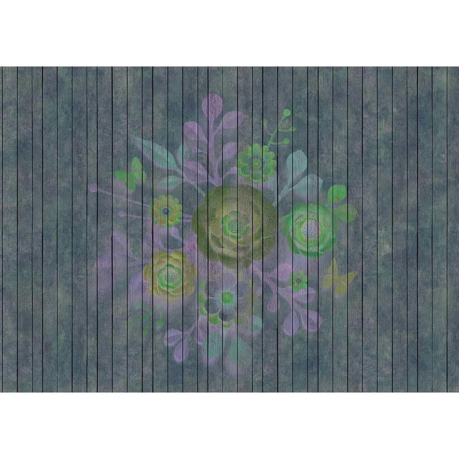 Fototapete Vlies Vintage Blumen Holz grün blau Premium