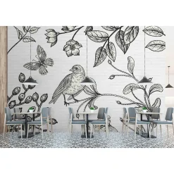 Fototapete Vlies Vogel Blumen Stein schwarz Premium