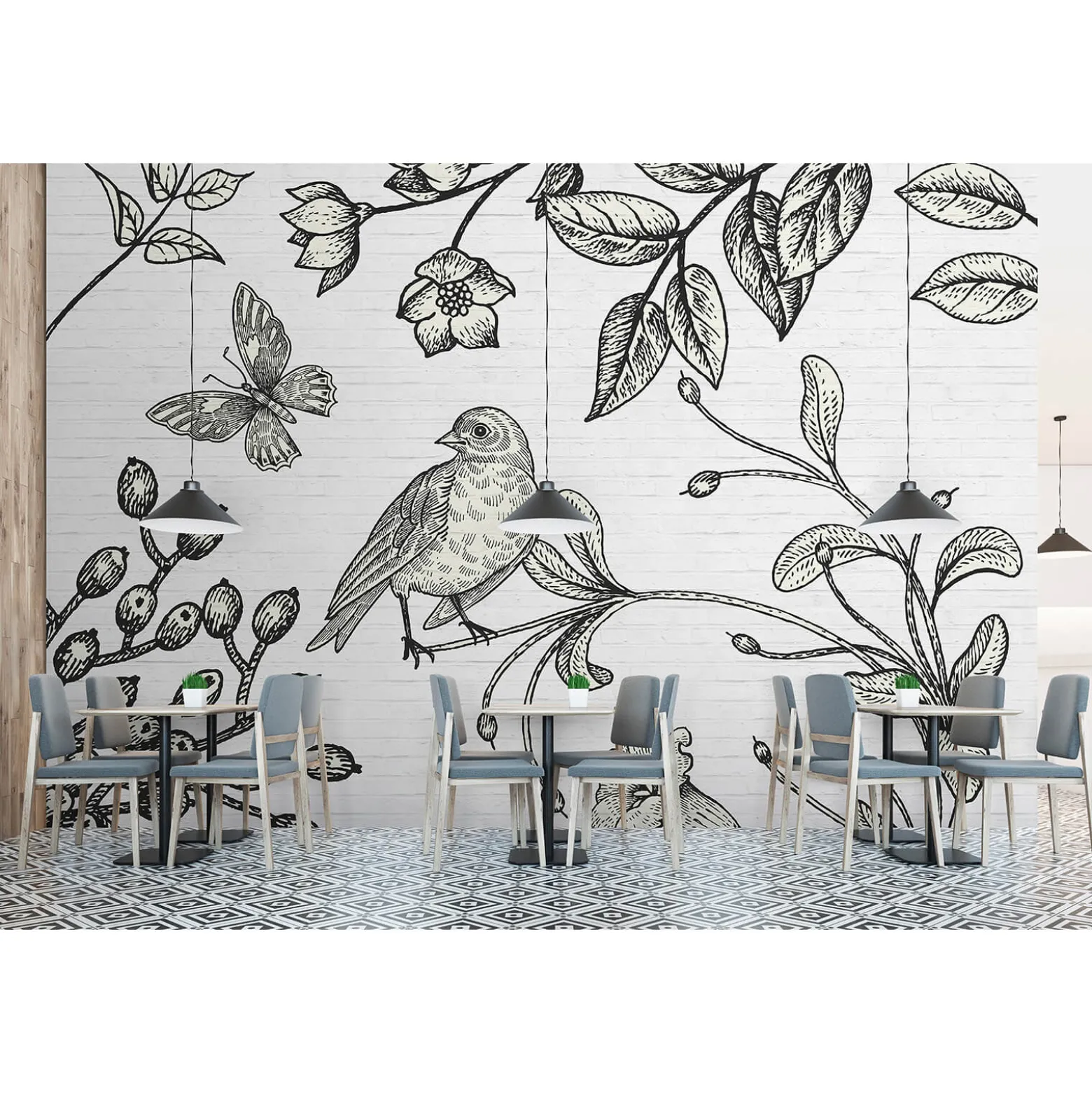 Fototapete Vlies Vogel Blumen Stein schwarz Premium