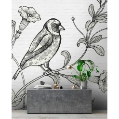 Fototapete Vlies Vogel Blumen Floral Stein grau Premium