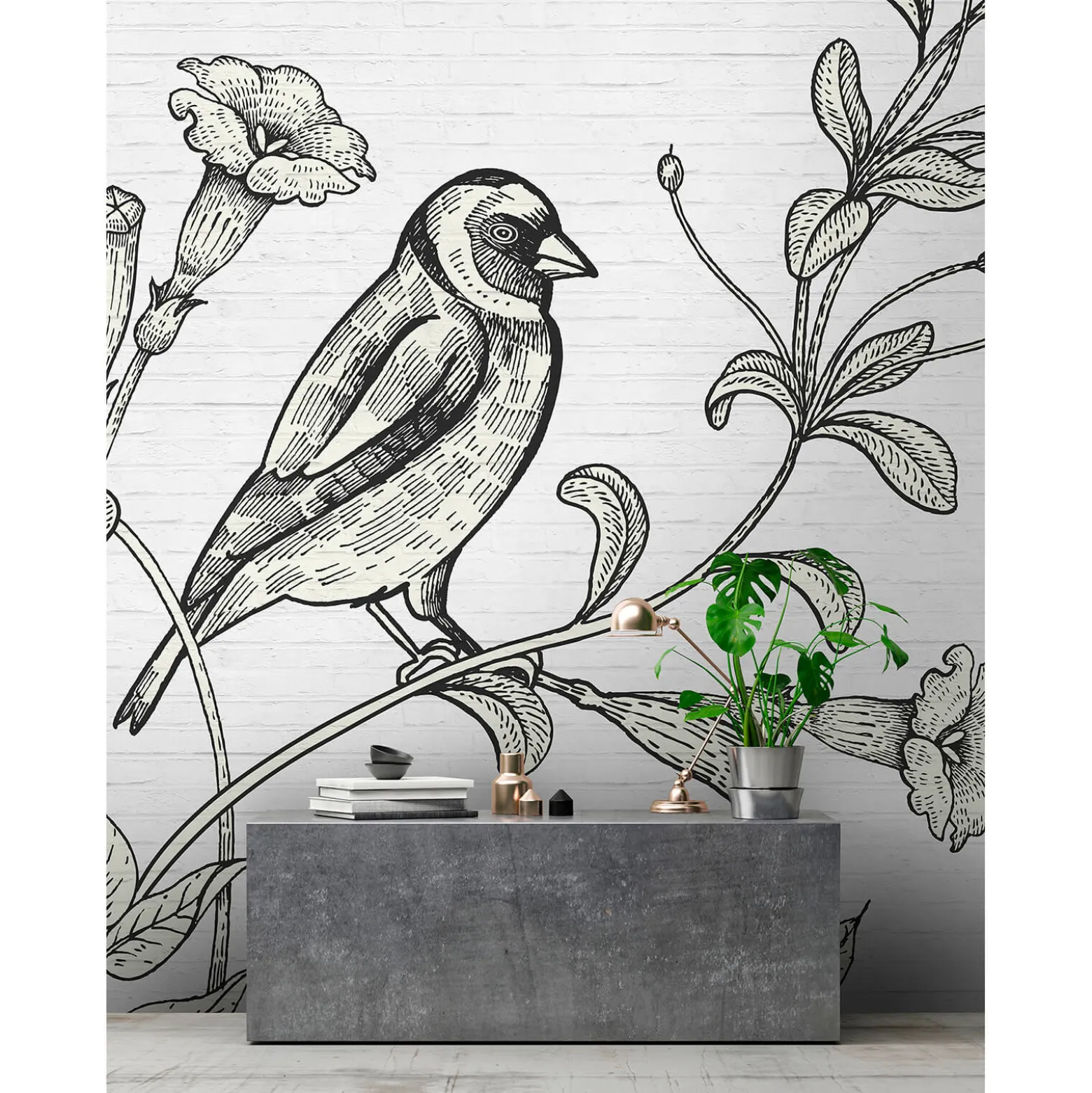 Fototapete Vlies Vogel Blumen Floral Stein grau Premium
