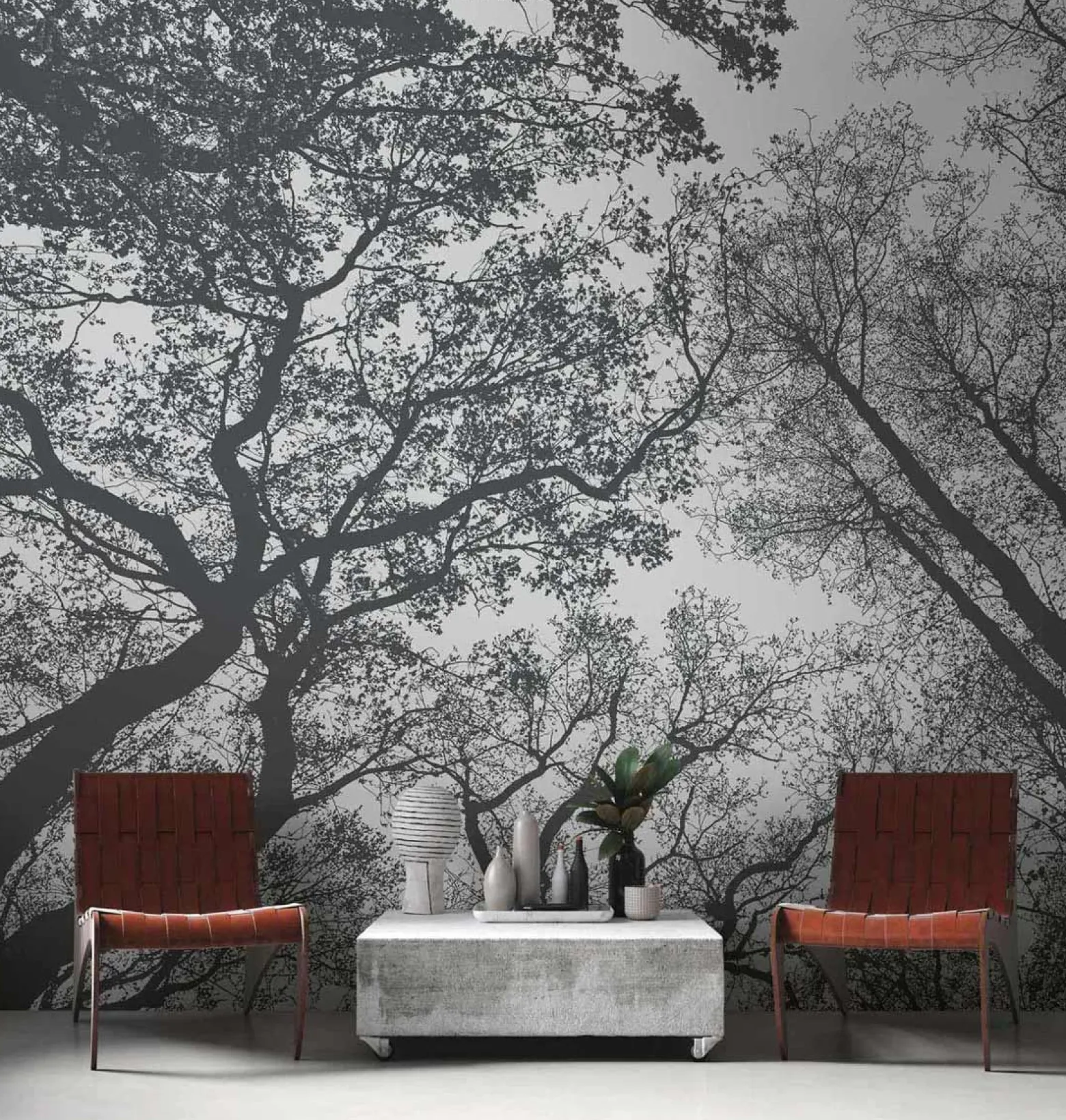 Fototapete Vlies Wald Bäume Floral grau schwarz 38240-1