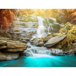 Fototapete Vlies Wasserfall Felsen Wald blau grün braun