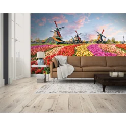Fototapete Vlies Zaanse Schans Holland Tulpen gelb pink
