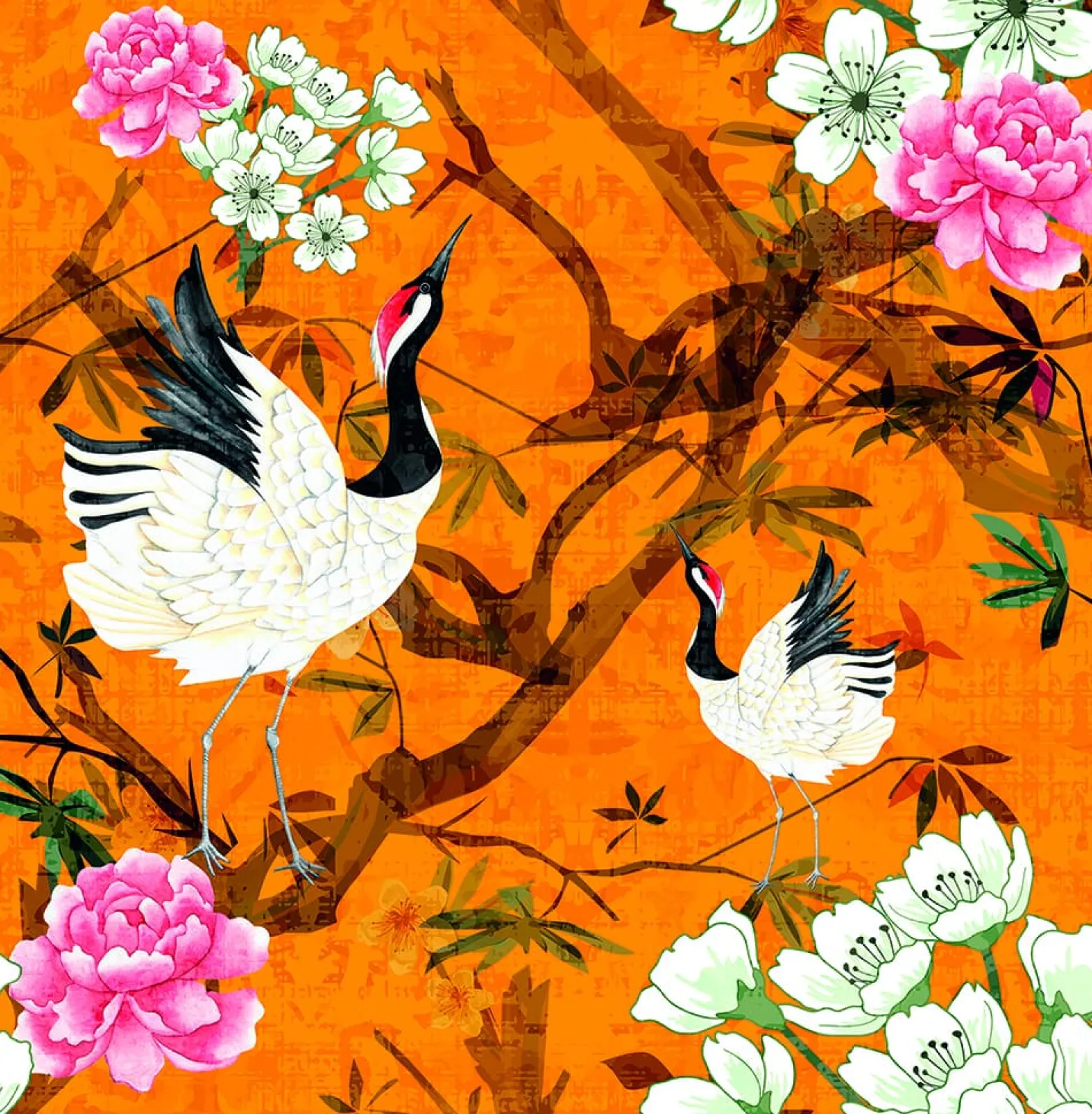 Fototapete Vogel Baum Asia orange weiß rosa Marburg