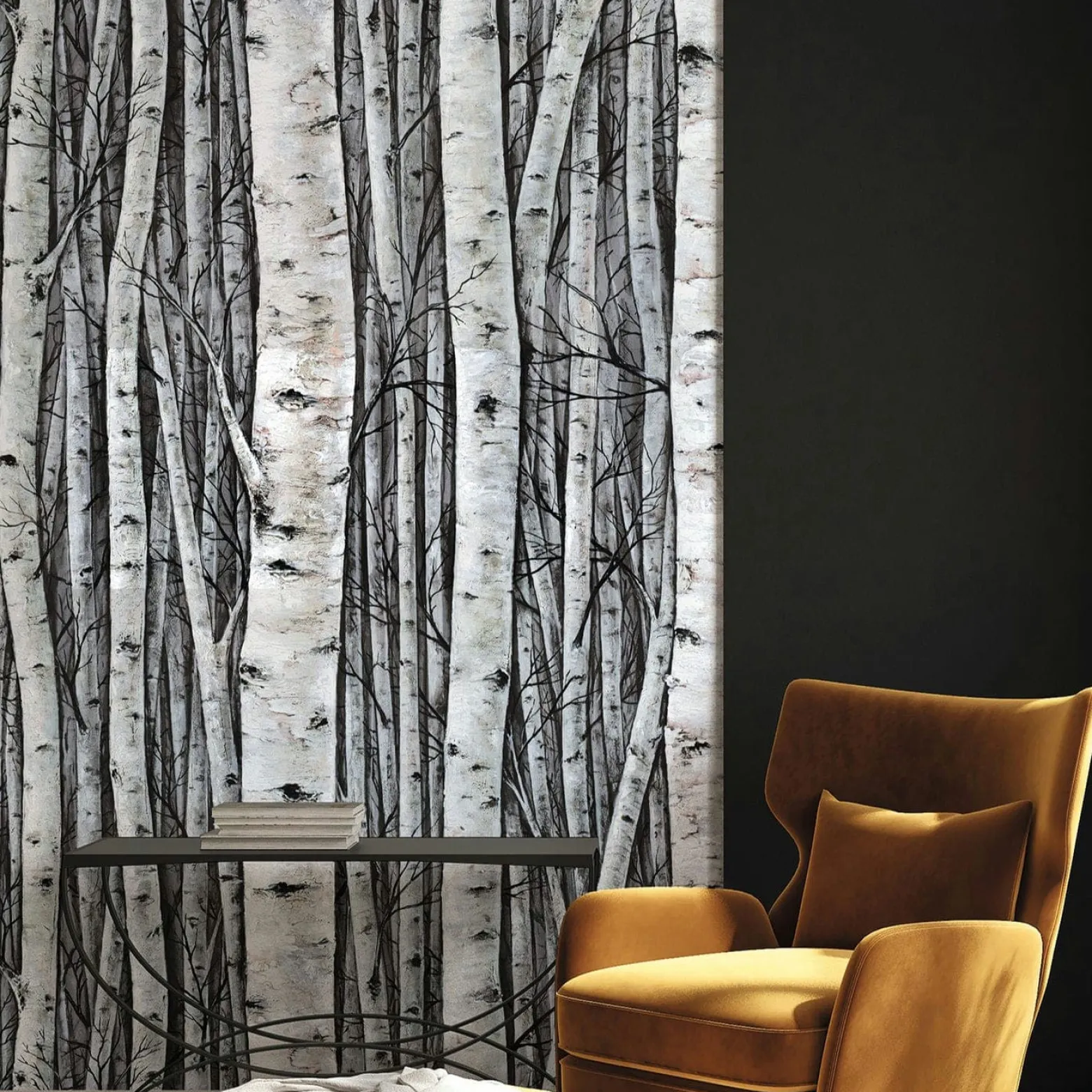 Fototapete Wald Bäume Natur Motiv Grau Creme 35395