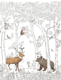 Fototapete Wald Tiere Bäume Cremeweiß Braun JS6001