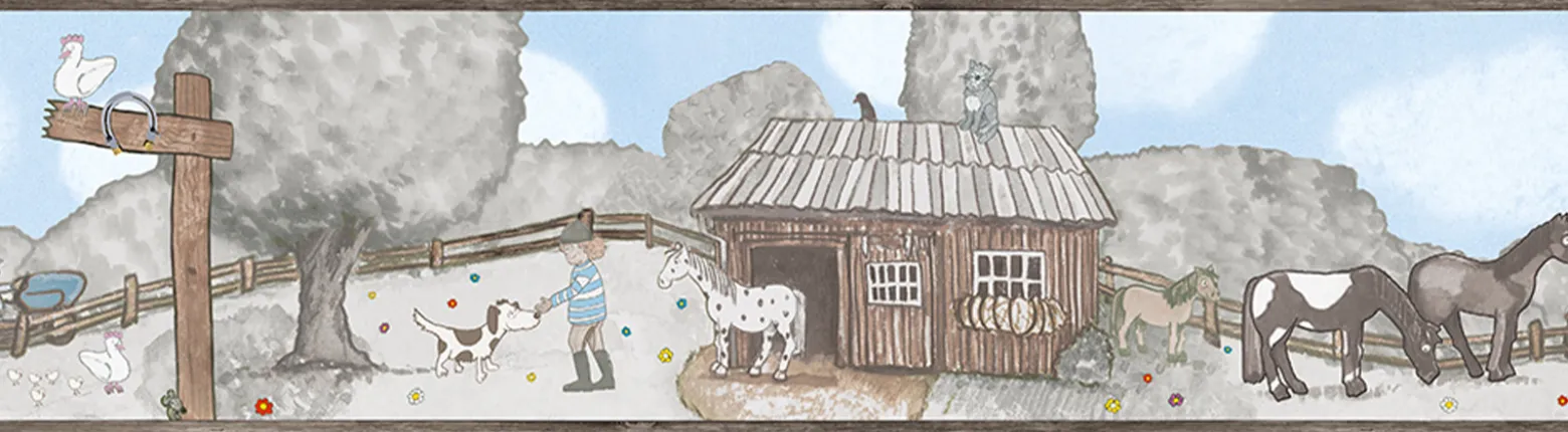 Kinderbordüre Ponyhof Blümchen grau blau Jonas Kötz