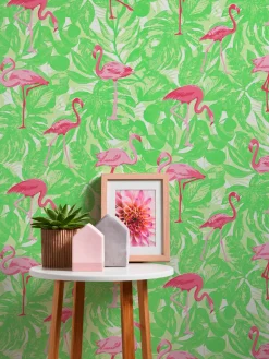Kindertapete Flamingos Blätter grün pink Glanz 35980-2