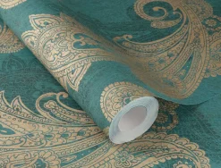 Rasch Vliestapete Paisley Petrol Gold Metallic 746457