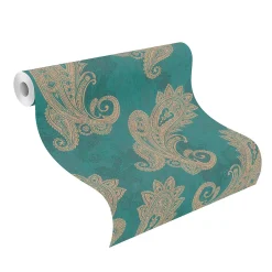 Rasch Vliestapete Paisley Petrol Gold Metallic 746457