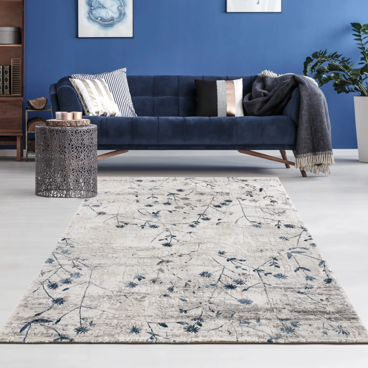 Schlafzimmer Teppich Blumen blau Kurzflor Astra Antea