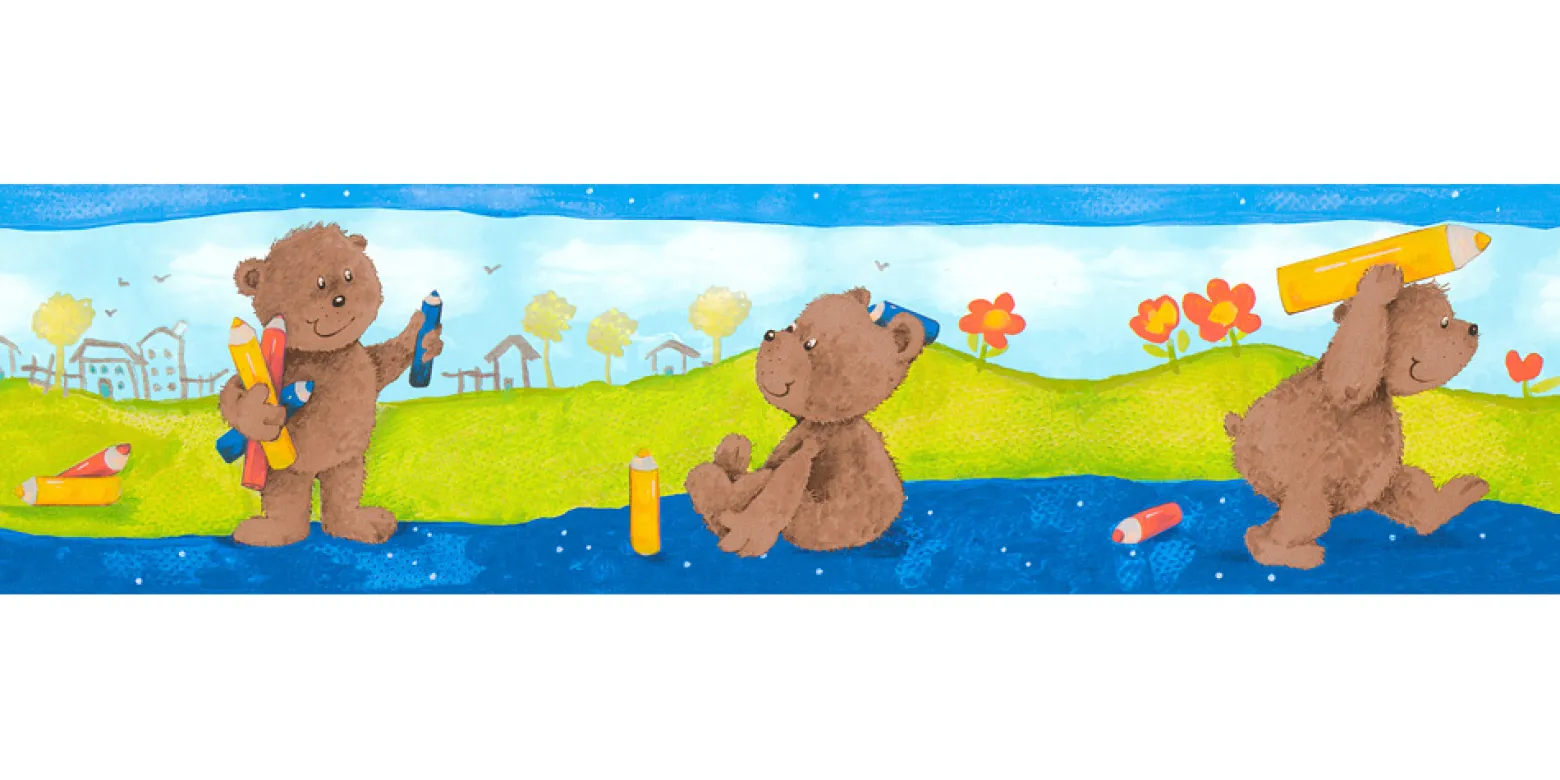 Tapeten Bordüre Kinder Teddybär Buntstifte bunt AS
