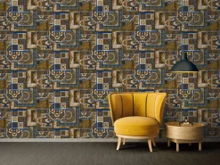 Tapete Versace Home Kacheln blau gold Metallic 370481