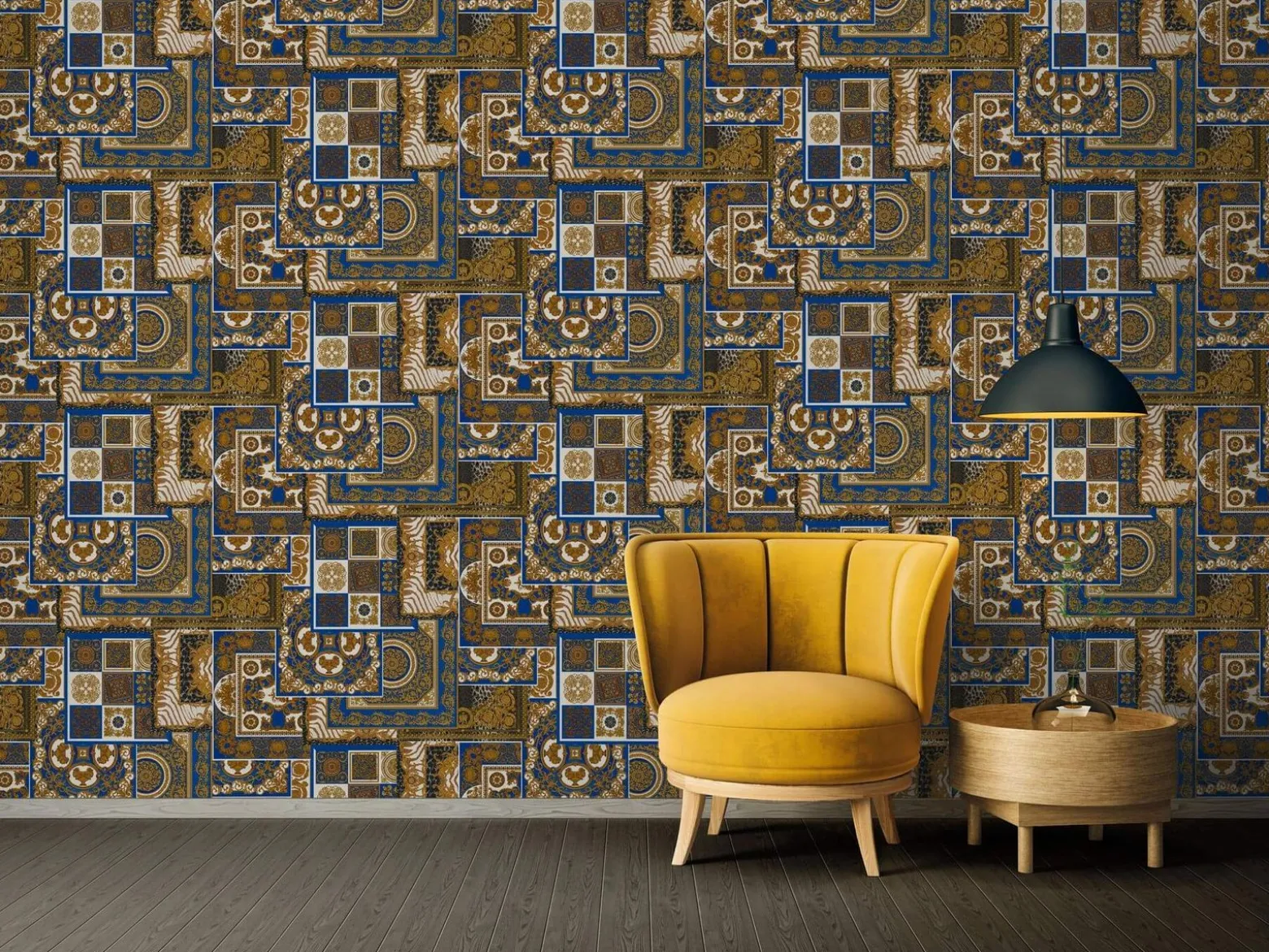 Tapete Versace Home Kacheln blau gold Metallic 370481