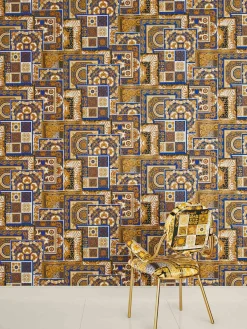 Tapete Versace Home Kacheln blau gold Metallic 370481