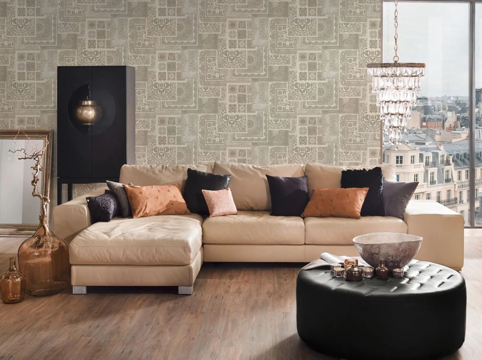 Tapete Versace Home Kacheln creme silber Metallic