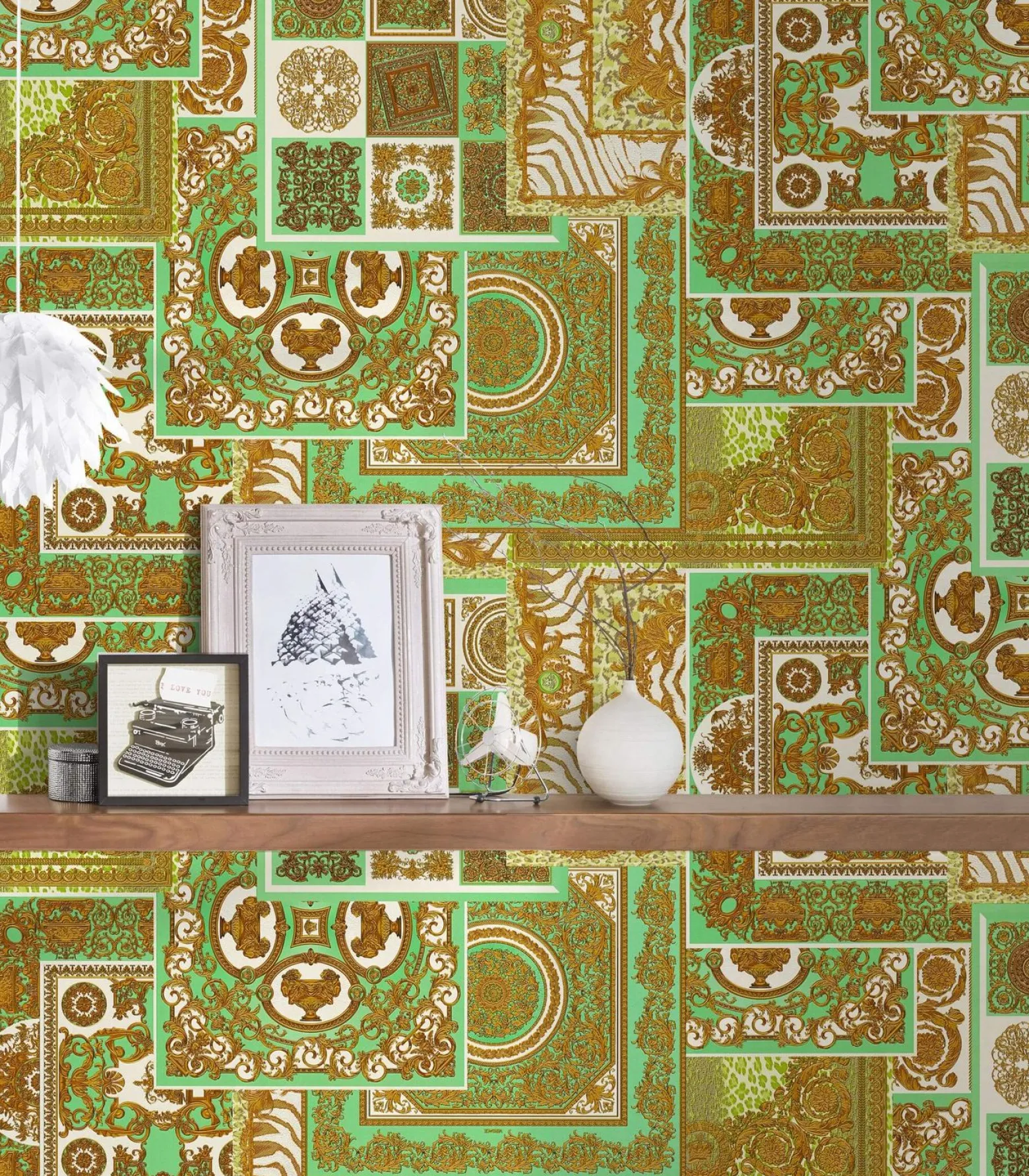 Tapete Versace Home Kacheln grün gold Metallic 370482