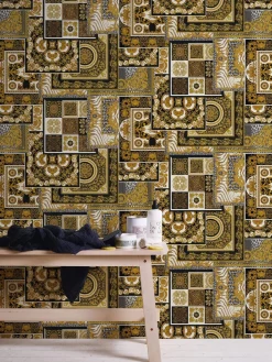 Tapete Versace Home Kacheln schwarz gold Metallic 370483