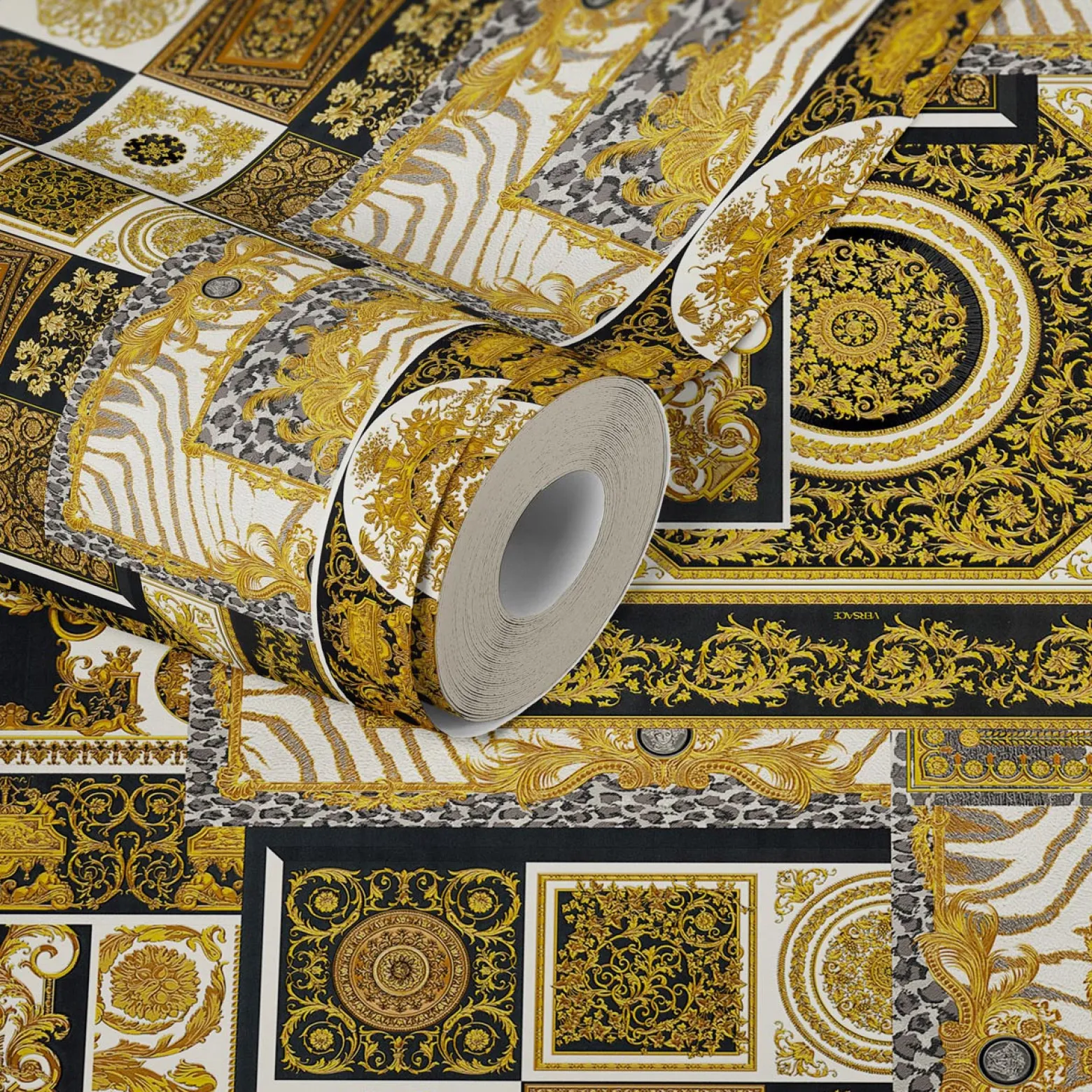 Tapete Versace Home Kacheln schwarz gold Metallic 370483